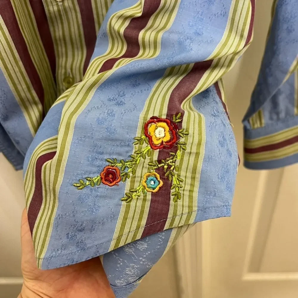 Robert Graham Button Down Shirt Flip Cuff Blue Green Striped Retro Size L